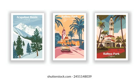 Arapahoe Basin, Colorado, Balboa Park, California, Balboa Park, San Diego - Vintage travel poster. Vector illustration. High quality prints