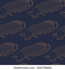 Arapaima gigas fish outline art seamless pattern design