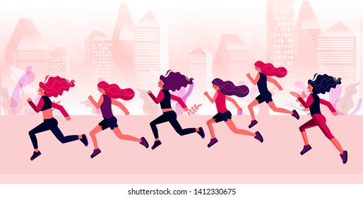 arathon race group - flat modern vector concept illustration of running women wearing summer sportswer. Marathon race, 5k run, sprint. Creative landing page design template, web banne