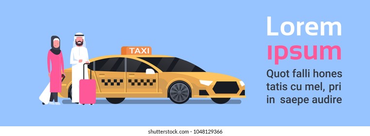 Arav Couple Of Passengers Sitting Down In Yellow Taxi Service Cab Over Background With Copy Space