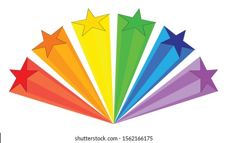 An aray of stars with an LGBT trans theme of color rays trailing on a white background