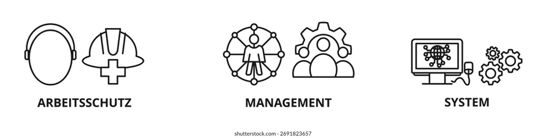Concepto de Ilustración vectorial de esquema de conjunto de iconos del sistema de gestión Arbeitsschutz