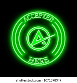 Arbitracoin (ATC) green  neon cryptocurrency symbol in round frame with text "Accepted here"