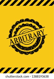 Arbitrary black grunge emblem inside yellow warning sign. Vector Illustration. Detailed.