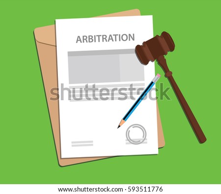 arbitration agreement letter stamped with folder document, blue pencil and judge hammer 