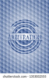 Arbitration blue emblem or badge with abstract geometric polygonal pattern background.