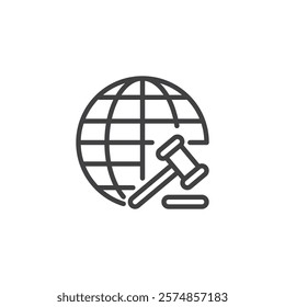 Arbitration Gavel line icon. linear style sign for mobile concept and web design. A gavel with a globe outline vector icon. Justice, law, and arbitration symbol, logo illustration. Vector graphics