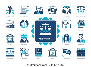 Arbitration icon set. Jurisdiction, Agreement, Appeal, Competitors, Consumers, Arbiter, Dispute Resolution, Law. Duotone color solid icons