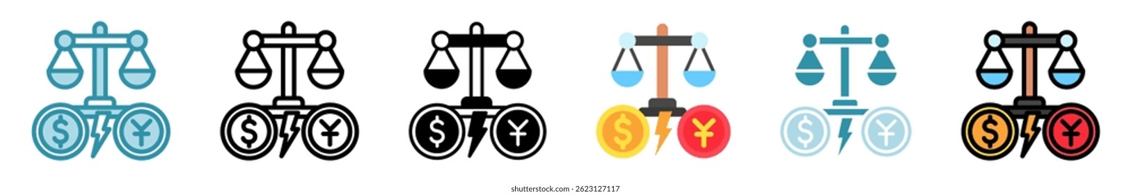 Arbitration multi style, mini illustration icon set. outline, flat, glyph, line color. vector for UI, UX, app, web, digital or print, related to trade war, economic competition, business, finance.