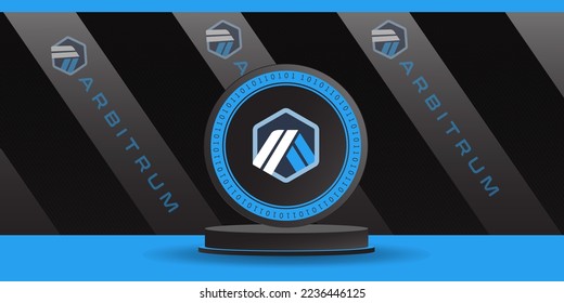 Arbitrum crypto coin token banner and background 3D display vector illustration