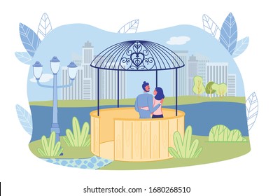 Arbor in City Park on Pond or River Banks with Couple in Love. Romantic Landscape with Hugging Man and Woman Cartoon Characters. Summer Background with Garden Pavilion. Flat Vector Illustration.