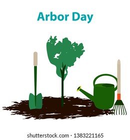Arbor Day. 29 April. Tree. Garden tools. Shovel, rake, watering can. Vector illustration