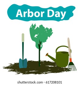 Arbor Day. 29 April. Tree. Garden tools. Shovel rake watering can Vector illustration