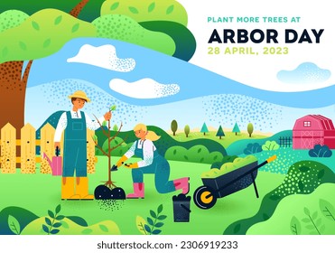 Arbor day banner. Boy and girl in overalls planting tree. Caring for nature and ecology, environment. Love for plants and gardening. 28 April international holiday. Cartoon flat vector illustration