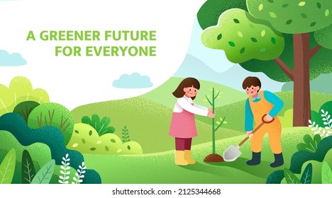 Arbor day banner. Illustration of two kids planting a small tree in nature for the environment - Shutterstock ID 2125344668