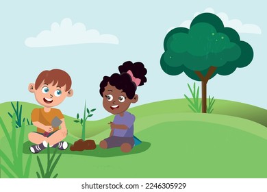 Arbor day banner. Illustration of two kids planting a small tree in nature for the environment.