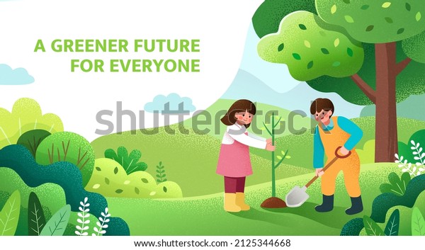 Arbor day banner. Illustration\
of two kids planting a small tree in nature for the\
environment
