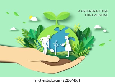 Arbor day banner. Paper cut illustration of two adult silhouettes planting a small tree in nature for greener the world environment