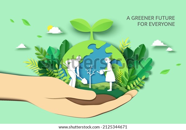 Arbor day banner. Paper cut illustration of\
two adult silhouettes planting a small tree in nature for greener\
the world environment