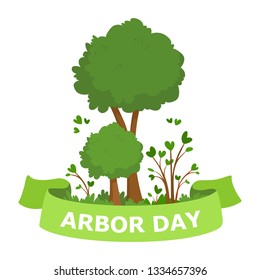 Arbor Day cartoon vector Illustration. Green trees and green ribbon
