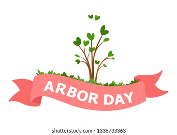 Arbor Day cartoon vector Illustration
Green seedling and pink ribbon with the inscription. Vector illustration on white background

