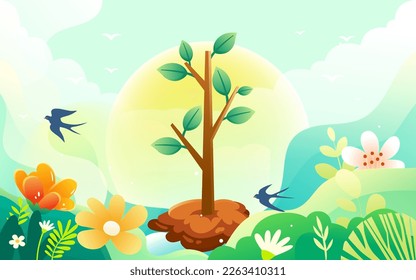 Arbor day, characters are planting small saplings, forest and plants in the background, vector illustration