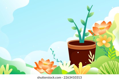 Arbor day, characters are planting small saplings, forest and plants in the background, vector illustration