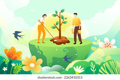 Día del Árbor, los personajes están plantando pequeños saplings, bosque y plantas en el fondo, ilustración de vector