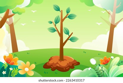 Arbor day, characters are planting small saplings, forest and plants in the background, vector illustration