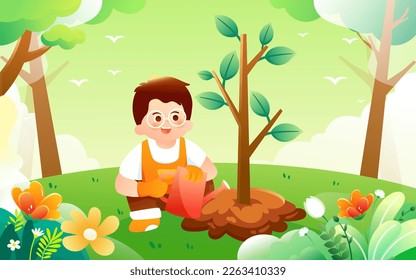 Arbor day, characters are planting small saplings, forest and plants in the background, vector illustration