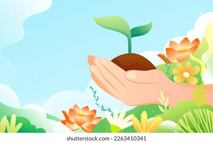 Arbor day, characters are planting small saplings, forest and plants in the background, vector illustration