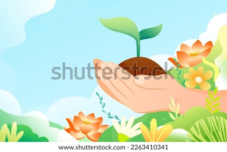 Arbor day, characters are planting small saplings, forest and plants in the background, vector illustration