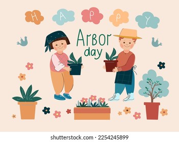 Arbor day. Children standing under a bCard looming tree preparing to plant saplings .Vector doodle cartoon illustration.