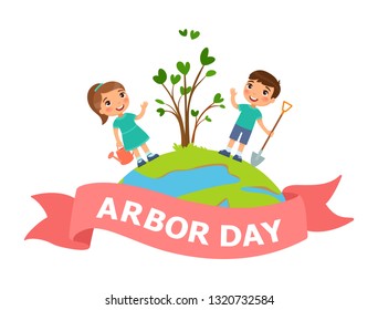 Arbor Day clipart. Little boy and a girl on the planet Earth planted a seedling.  Concept of environmental protection, ecology