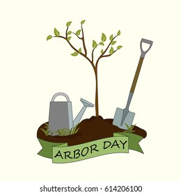 Arbor day concept. Illustration of a young green plant and shovel and watering pad