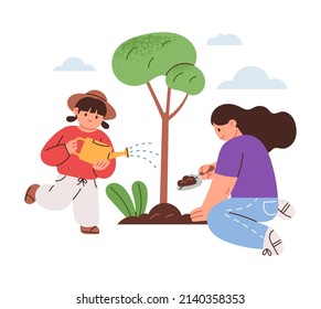 Arbor Day concept vector illustration. Mother and daughter are planting and watering trees.