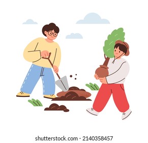 Arbor Day concept vector illustration. Men are digging with shovels to plant trees.
