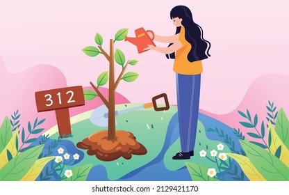 Arbor day a girl is planting and watering a tree with plants in the background, vector illustration