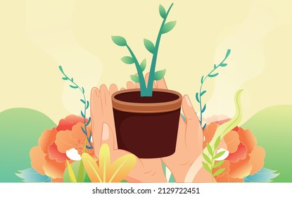 Arbor day hand holding sapling surrounded by many flowers and plants, vector illustration