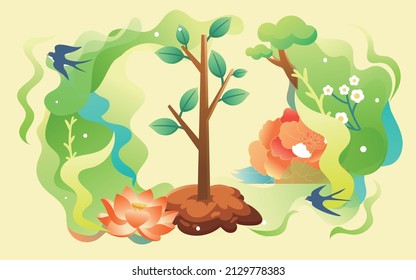 Arbor day hand holding sapling surrounded by many flowers and plants, vector illustration, Chinese translation: Arbor Day