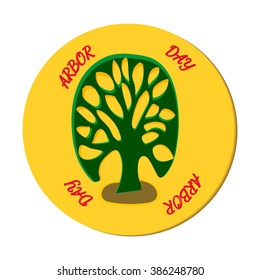 Arbor day illustration. Card design with stylized vector tracery tree in a yellow circle on white background.