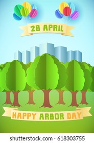 Arbor day illustration with forest and city over blue background. Template for Greeting Card, Poster and Banner. Happy Arbor Day. Paper style.