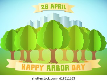 Arbor day illustration with forest and city over blue background. Template for Greeting Card, Poster and Banner. Happy Arbor Day. Paper style.