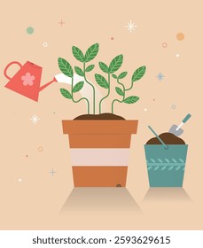 Arbor Day illustration with growing tree with watering can and pot shovel