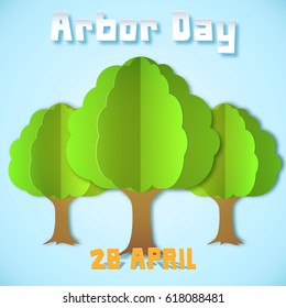 Arbor day illustration with three trees over blue background. Suitable for Greeting Card, Poster and Banner. Paper style.