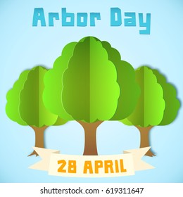 Arbor day illustration with three trees over blue background. Suitable for Greeting Card, Poster and Banner. Paper style.