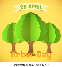 Arbor day illustration with three trees over yellow background. Suitable for Greeting Card, Poster and Banner. Paper style.