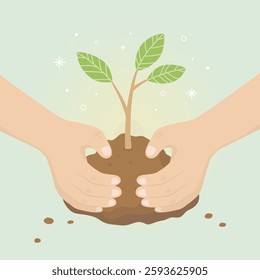 Arbor Day illustration with a tree growing from the ground and a hand holding it