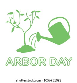 Arbor day illustration Young tree watering with watering can flat vector icon symbol green silhouette