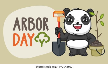Arbor Day Panda Character Holding Shovel and Laughs. Vector Illustration. Mascot Character.